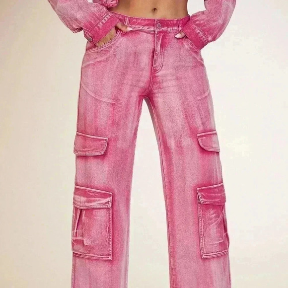 Pink Casual Womens Flap Pocket Cargo Jeans - Picture 2 of 4